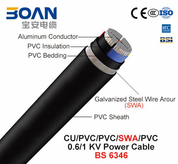 Китай 
                                 Al/PVC/SWA/ПВХ, 0.6/1 КВ, стальная проволока бронированные кабель питания (BS 6346)                              производитель и поставщик