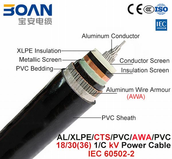 Chine 
                                 Al/XLPE/CTS/PVC/Awa/PVC, câble d'alimentation, 18/30 (36), 1 KV/C (IEC 60502-2)                              fabrication et fournisseur