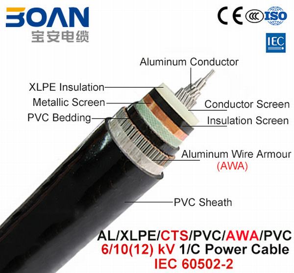 
                                 Al/XLPE/CTS/PVC/Ава/ПВХ, кабель питания, 6/10 (12) кв, 1/C (IEC 60502-2)                            