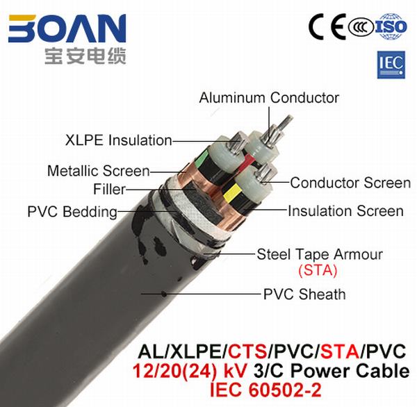
                                 Al/XLPE/Cts/PVC/Sts/PVC, cavo elettrico, 12/20 (24) di chilovolt, 3/C (IEC 60502-2)                            