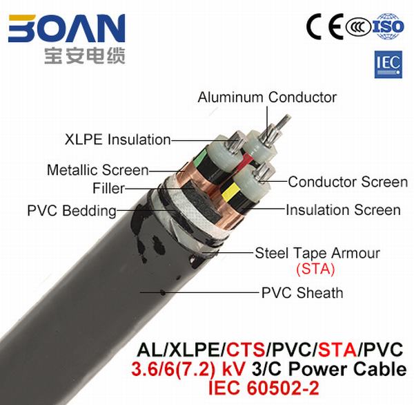 
                                 Al/XLPE/Cts/PVC/Sts/PVC, cavo elettrico, 3.6/6 (7.2) chilovolt, 3/C (IEC 60502-2)                            
