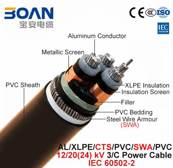 Chine 
                                 Al/XLPE/CTS/PVC/swa/PVC, câble d'alimentation, 12/20 (24) Kv, 3/C (IEC 60502-2)                              fabrication et fournisseur