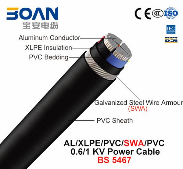 China 
                                 Al/XLPE/PVC/Swa/PVC, 0.6/1 Kv, fio de aço Armoued Cabo de Energia (BS 5467)                              fabricação e fornecedor