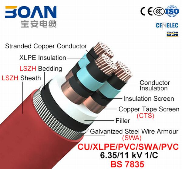 
                                 Cu/XLPE/CTS/Lszh/SWA/Lszh, Cable de alimentación, 6.35/11kv, 3/C (BS 7835)                            