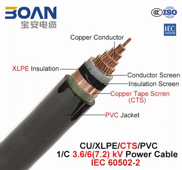 
                                 Cu/XLPE/Cts/PVC, cavo elettrico, 3.6/6 (7.2) chilovolt, 1/C (IEC 60502-2)                            