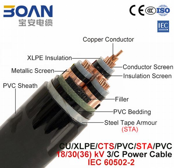 
                                 Cu/XLPE/Cts/PVC/Sta/PVC, Power Cable, 18/30 (36) di chilovolt, 3/C (IEC 60502-2)                            