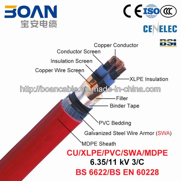 China 
                                 Cu/XLPE/CTS/PVC/SWA/MDPE, Cable de alimentación, 6.35/11 Kv, 3/C (BS 6622)                              fabricante y proveedor