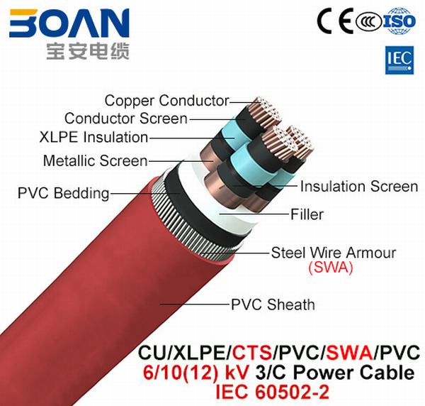 
                                 Cu/XLPE/CTS/PVC/swa/PVC, câble d'alimentation, 6/10 (12) Kv, 3/C (IEC 60502-2)                            
