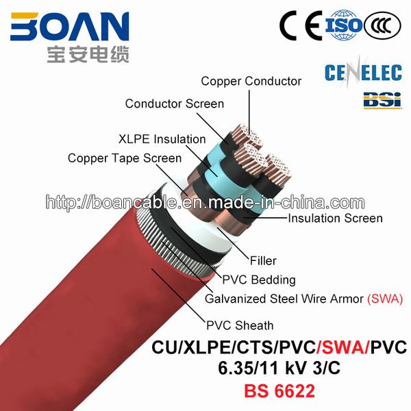 
                                 Cu/XLPE/CTS/PVC/SWA/ПВХ, кабель питания, 6.35/11 КВ, 3/C (BS - 6622)                            