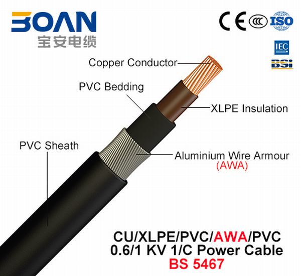 China 
                                 Cu/XLPE/PVC/Awa/PVC, 0.6/1 Kv, 1/C fios de alumínio Armored Cabo de Alimentação (BS 5467)                              fabricação e fornecedor