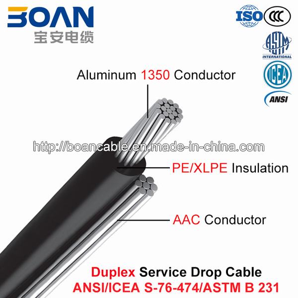 
                                 Câble de descente service duplex, 600 V, Al/XLPE ou Al/PE avec AAC, Neutre (ANSI/l'ICEA S-76-474)                            