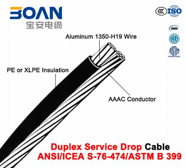 
                                 Câble de descente service duplex avec AAAC neutre, 600 V torsadée Duplex (ANSI/l'ICEA S-76-474)                            