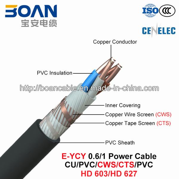 Chine 
                                 E-Ycy, LV, câble d'alimentation 0.6/1 Kv, Cu/PVC/CWS/CTS/PVC/HD (HD 603 627)                              fabrication et fournisseur