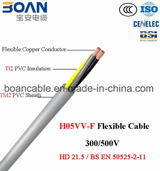 
                                 H05VV-F, cavo flessibile del PVC del rame, en 50525-2-11, 300/500V delle BS                            