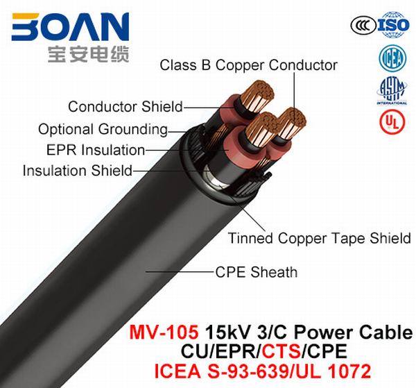
                                 Mv-105, cable de alimentación, de 15 Kv, 3/C, Cu/EPR/CTS/CPE (ICEA S-93-639 WC/NEMA71/UL 1072)                            