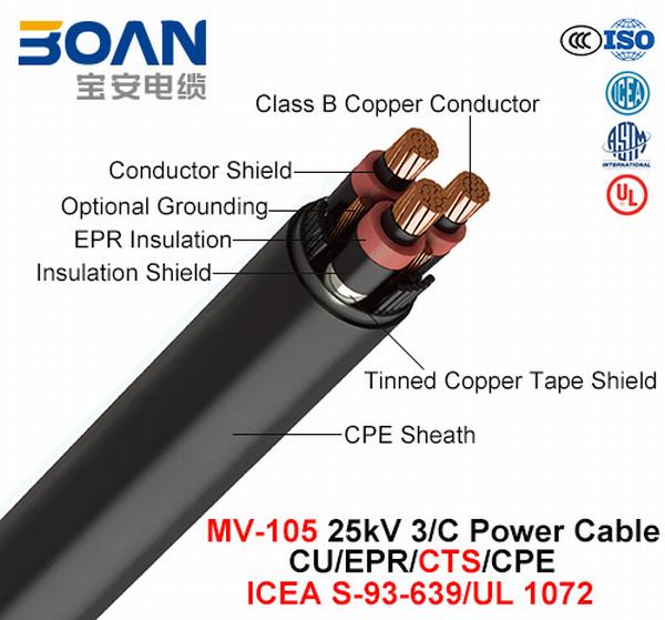 
                                 Mv-105, câble d'alimentation, 25 KV, 3/C, Cu/EPR/CTS/CPE (ICEA S-93-639/NEMA WC71/UL 1072)                            