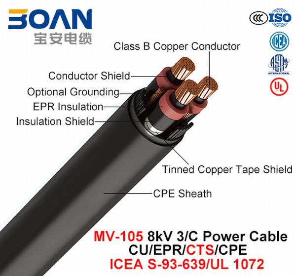 Cina 
                                 Mv-105, Power Cable, 8 chilovolt, 3/C, Cu/Epr/Cts/CPE (ICEA S-93-639/NEMA WC71/UL 1072)                              produzione e fornitore