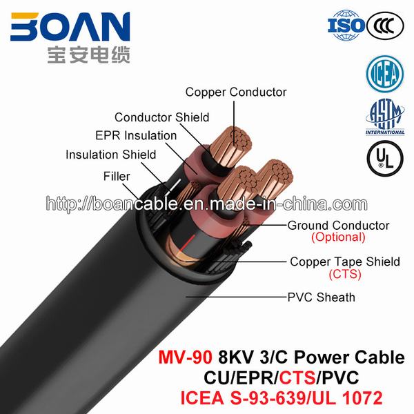 Chine 
                                 Mv-90, câble d'alimentation isolée d'Epe, 8 KV, 3/C, Cu/EPR/CTS/PVC (ICEA S-93-639/NEMA WC71/UL 1072)                              fabrication et fournisseur