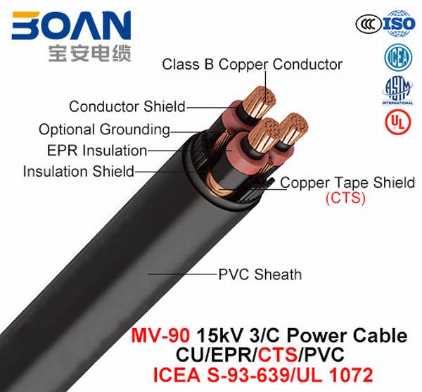 
                                 Mv-90, câble d'alimentation, 15 KV, 3/C, Cu/EPR/CTS/PVC (ICEA S-93-639/NEMA WC71/UL 1072)                            