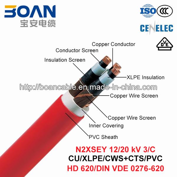 
                                 N2xsey, Power Cable, 12/20 di chilovolt, 3/C, Cu/XLPE/Cws/PVC (VDE di BACCANO 0276-620)                            