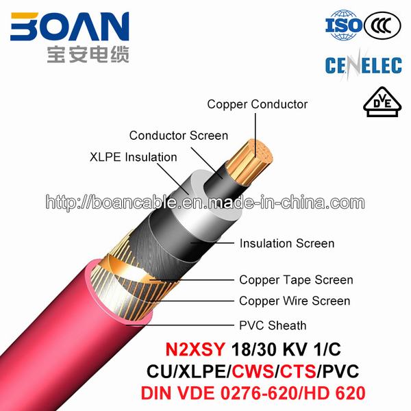 Chine 
                                 N2xsy, câble d'alimentation, de 18/30 Kv, 1/C, Cu/XLPE/CWS/CTS/PVC (HD 620 10C/VDE 0276-620)                              fabrication et fournisseur