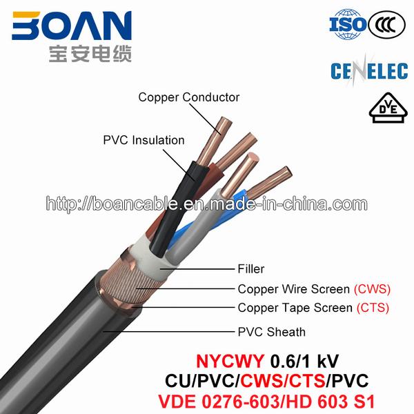 Chine 
                                 Nycwy, câble d'alimentation, 0.6/1 Kv, Cu/PVC/CWS/CTS/PVC (VDE 0276-603/HD 603 S1)                              fabrication et fournisseur