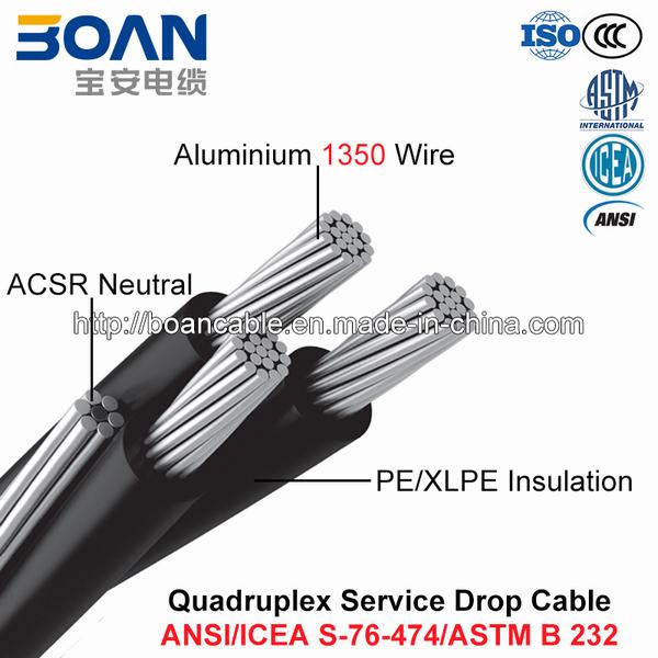 
                                 Quadruplex ACSR Service Câble de descente, neutre, 600 V torsadée Quadruplex (ANSI/l'ICEA S-76-474)                            