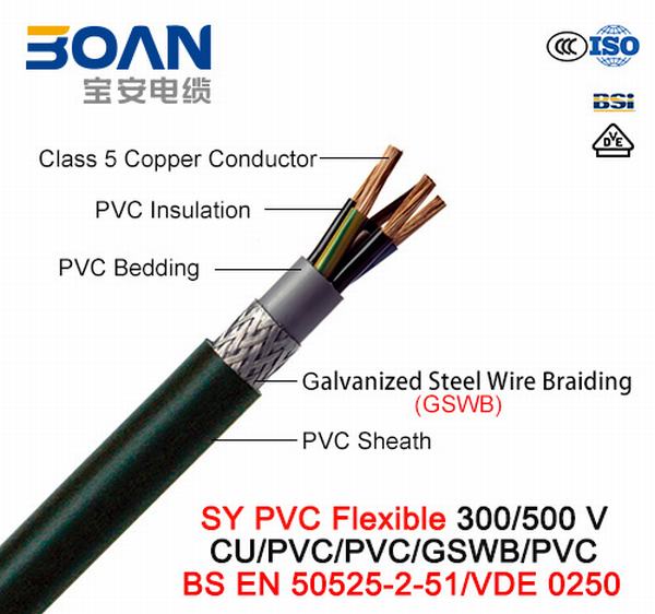 
                                 Câble de commande de Sy PVC, 300/500 V, Flexible de Cu/PVC/PVC/Gswb/PVC (BS EN 50525-2-51/VDE0250)                            