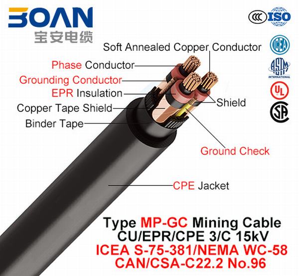 China 
                                 Tipo MP-gc, Cable de la minería, Cu/EPR/CPE, 3/C, 15kv (ICEA S-75-381/NEMA WC-58)                              fabricante y proveedor