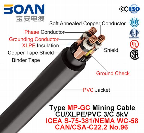 China 
                        Type MP-Gc, Mining Cable, Cu/XLPE/PVC, 3/C, 5kv (ICEA S-75-381/NEMA WC-58)
                      manufacture and supplier