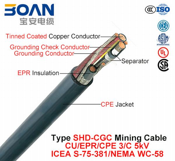 
                                 Type de câble Shd-Cgc, exploitation minière, Cu/EPR/CPE, 3/C, 5KV (ICEA S-75-381/NEMA WC-58)                            