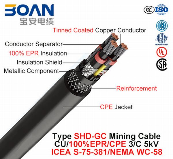 
                                 Type de câble Shd-Gc, exploitation minière, Cu/EPR/CPE, 3/C, 5KV (ICEA S-75-381/NEMA WC-58)                            