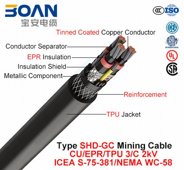 
                                 Shd-Gc tipo de cable, la minería, Cu/EPR/TPU, 3/C, 2KV (ICEA S-75-381/NEMA WC-58)                            