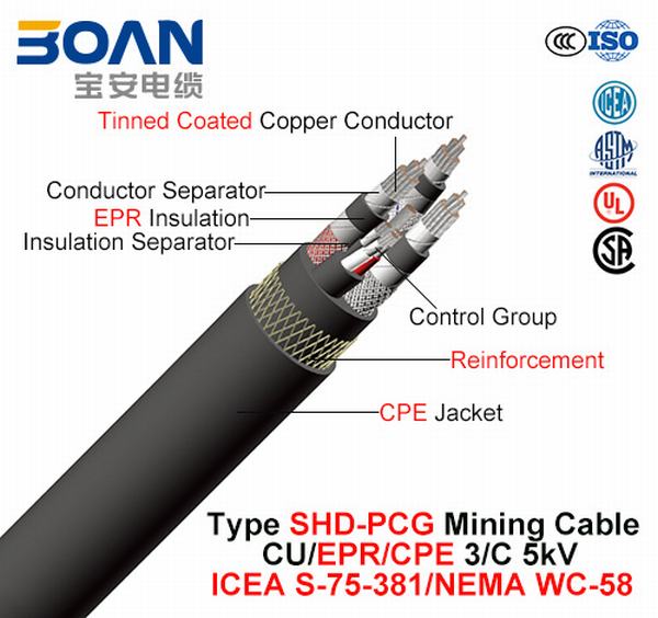 Cina 
                                 Digitare Shd-Pcg, Mining Cable, Cu/Epr/CPE, 3/C, 5kv (ICEA S-75-381/NEMA WC-58)                              produzione e fornitore