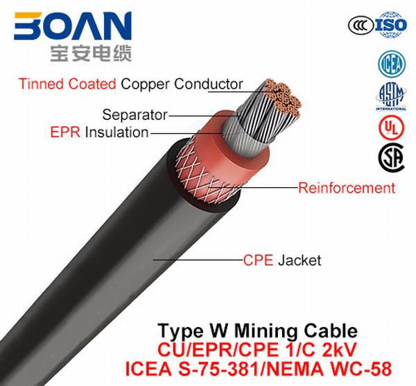 Chine 
                                 Type W, câble d'exploitation minière, Cu/EPR/CPE, 1/C, 2KV (ICEA S-75-381/NEMA WC-58)                              fabrication et fournisseur