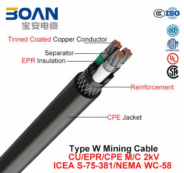 
                                 Type W, câble d'exploitation minière, Cu/EPR/CPE, M/C, 2KV (ICEA S-75-381/NEMA WC-58)                            