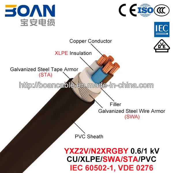 Китай 
                                 Yxz2V/N2xrgby, кабель питания, 0.6/1 КВ, Cu/XLPE/PVC/SWA/СТА/PVC (IEC 60502-1, VDE 0276)                              производитель и поставщик