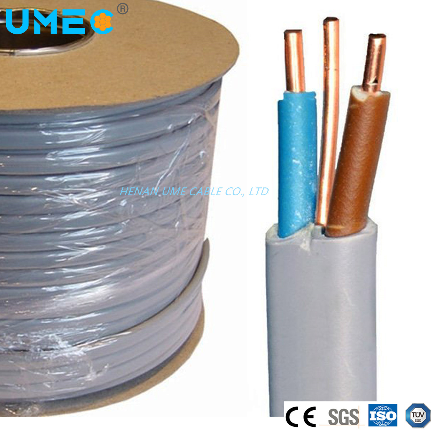 
                PVC-isolierte 1/1,5/2,5mm 2 3-Ader 2+E Vollkupferlitze Kupfer-Flachkabel mit zwei und Erdkabeln, elektrische Leitung
            