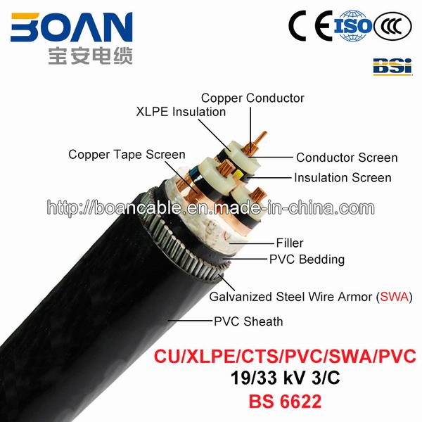 
                                 Cu/XLPE/Cts/PVC/Swa/PVC, Power Cable, 19/33 di chilovolt, 3/C (BS 6622)                            