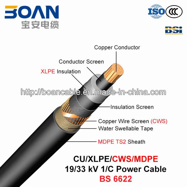 
                                 Cu/XLPE/SCF/MDPE, câble d'alimentation, 19/33 Kv, Single Core (BS 6622)                            