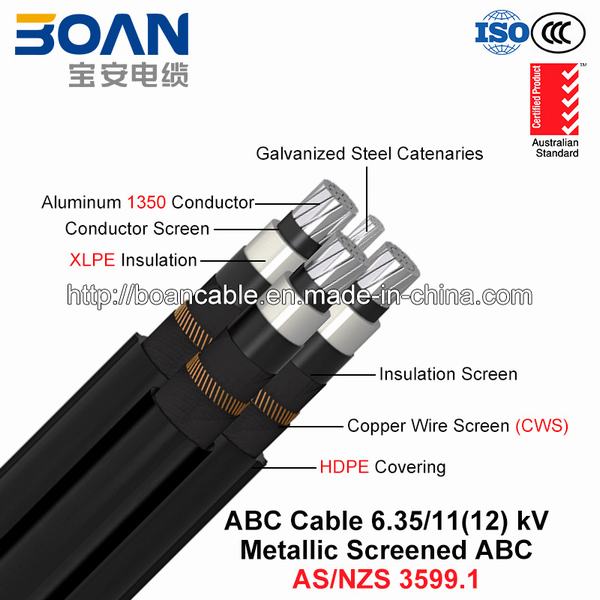 
                                 ABC Cable, Aerial Bundled Cable, Al/XLPE/Cws/HDPE+Gsw, 3/C+1/C, 6.35/11 chilovolt (AS/NZS 3599.1) di alta tensione                            