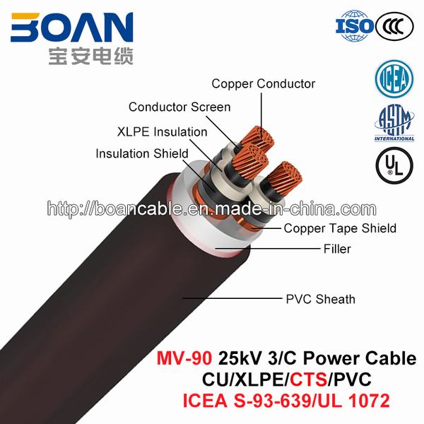 Mv-90, Copper Tape Shield Power Cable, 25 Kv, 3/C, Cu/XLPE/Cts/PVC (ICEA S-93-639/NEMA WC71/UL 1072)